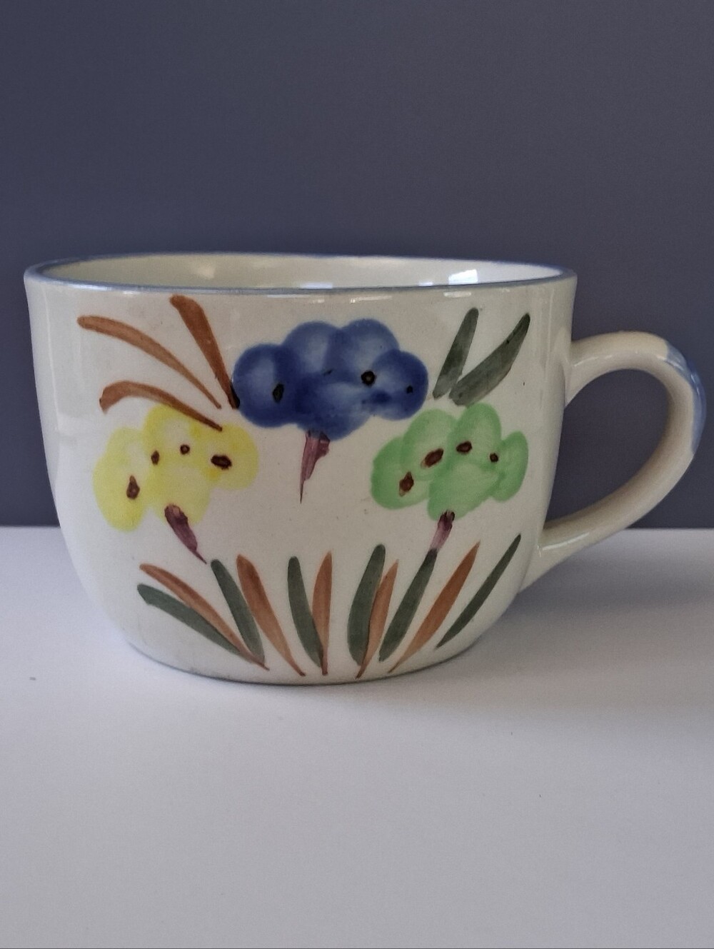 Hand-Painted Floral Ceramic Cup - Blue, Green, Yellow